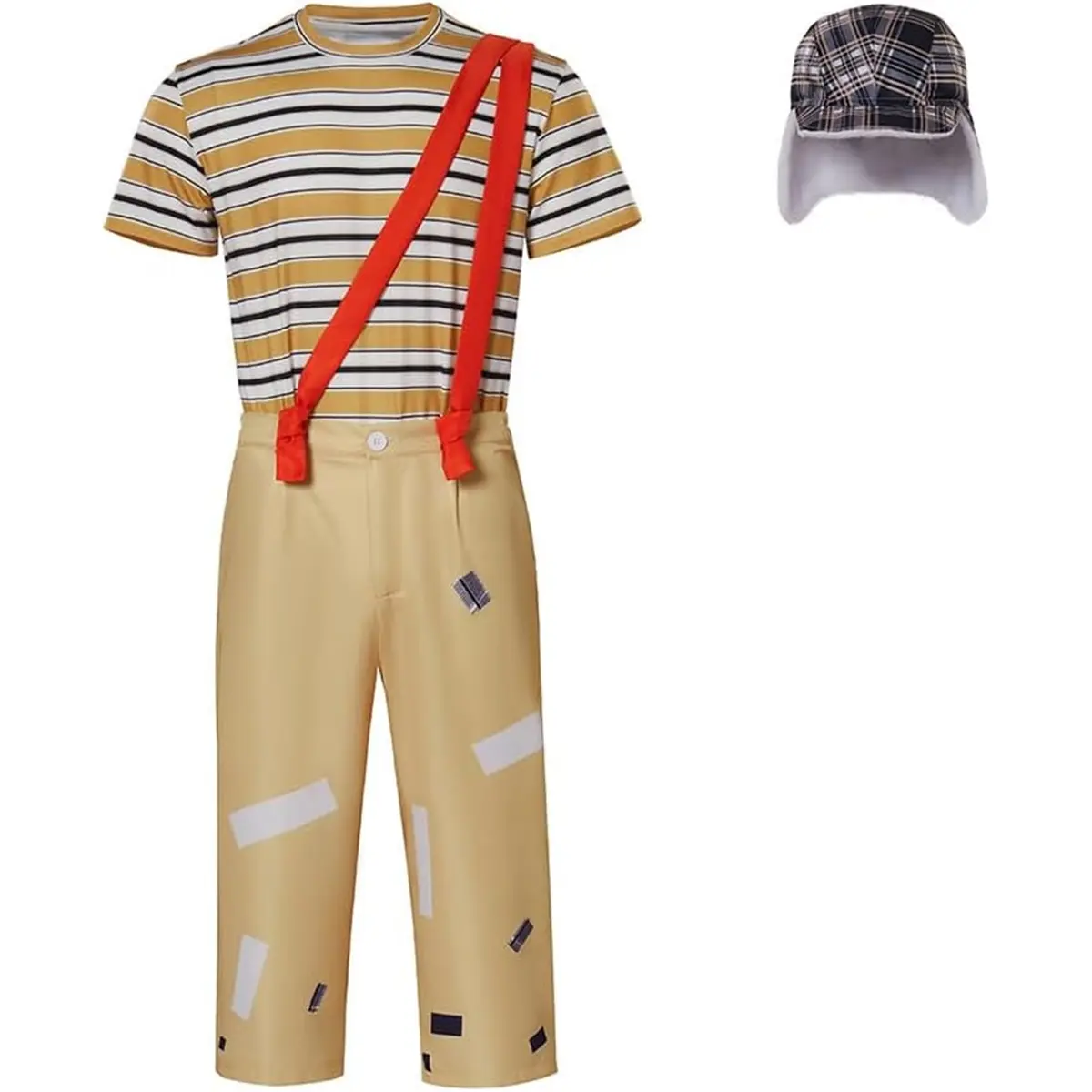 Men‘s El Chavo Costume Cosplay Striped T Shirt Suspenders Pants Hat Set