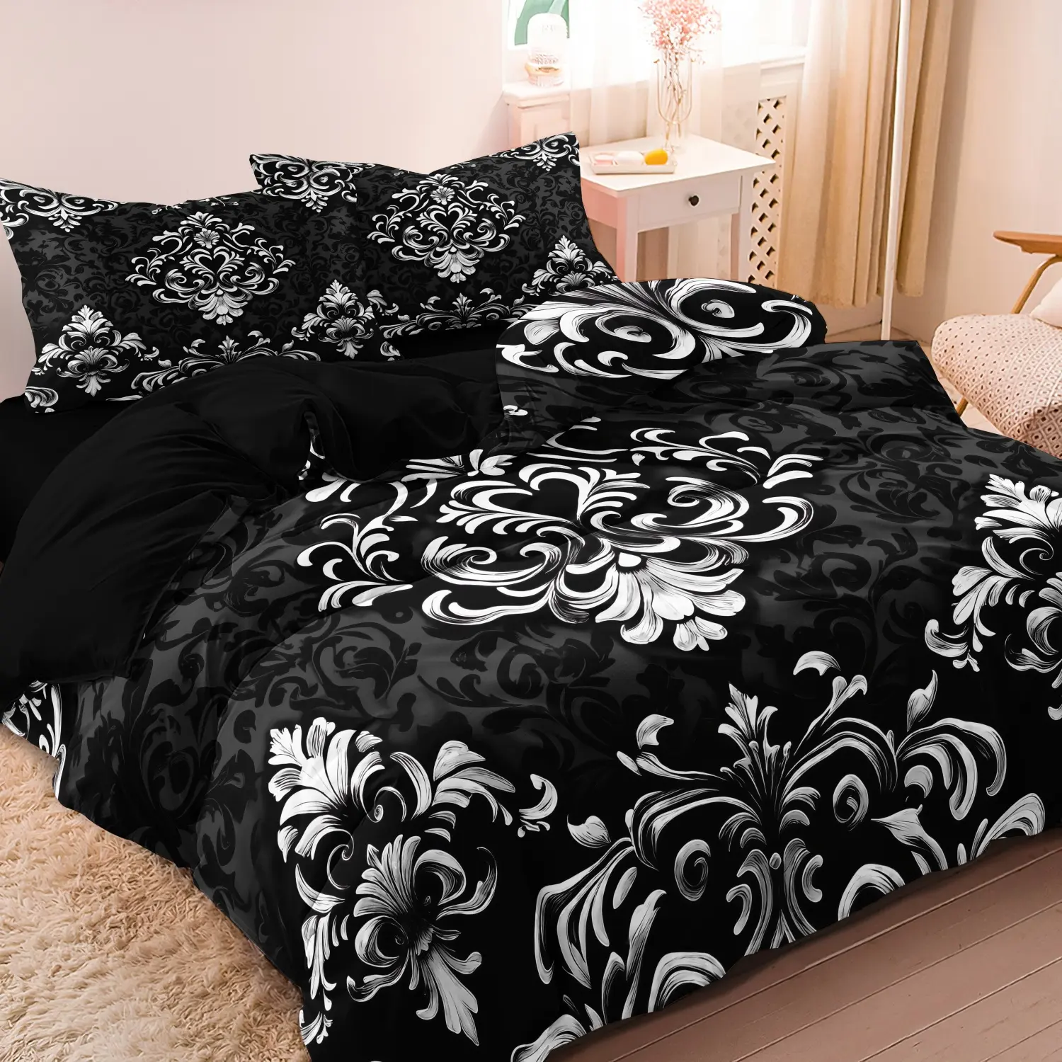3Pcs Black White Floral Bedding Set Luxury Gothic Baroque Duvet Cover Sets Queen King Bedding Set, Included 1*Duve Cover & 2*Pillowcase (Comforter Not Included) Suitbale For Four Season