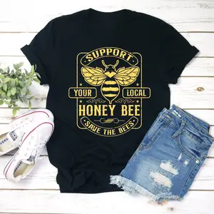 Support Your Local Honey Bee Shirt, Letter Print Graphic Tee, Soft Cotton Casual Fit for Women, All Season Top