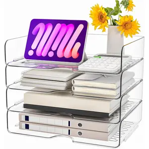 4 Pack Clear Acrylic Stackable Paper Organizer Letter Tray, Versatile Desk File Organizer for Office, Holds File Paper, iPad, Letter, A4 File, Books, Notes and More