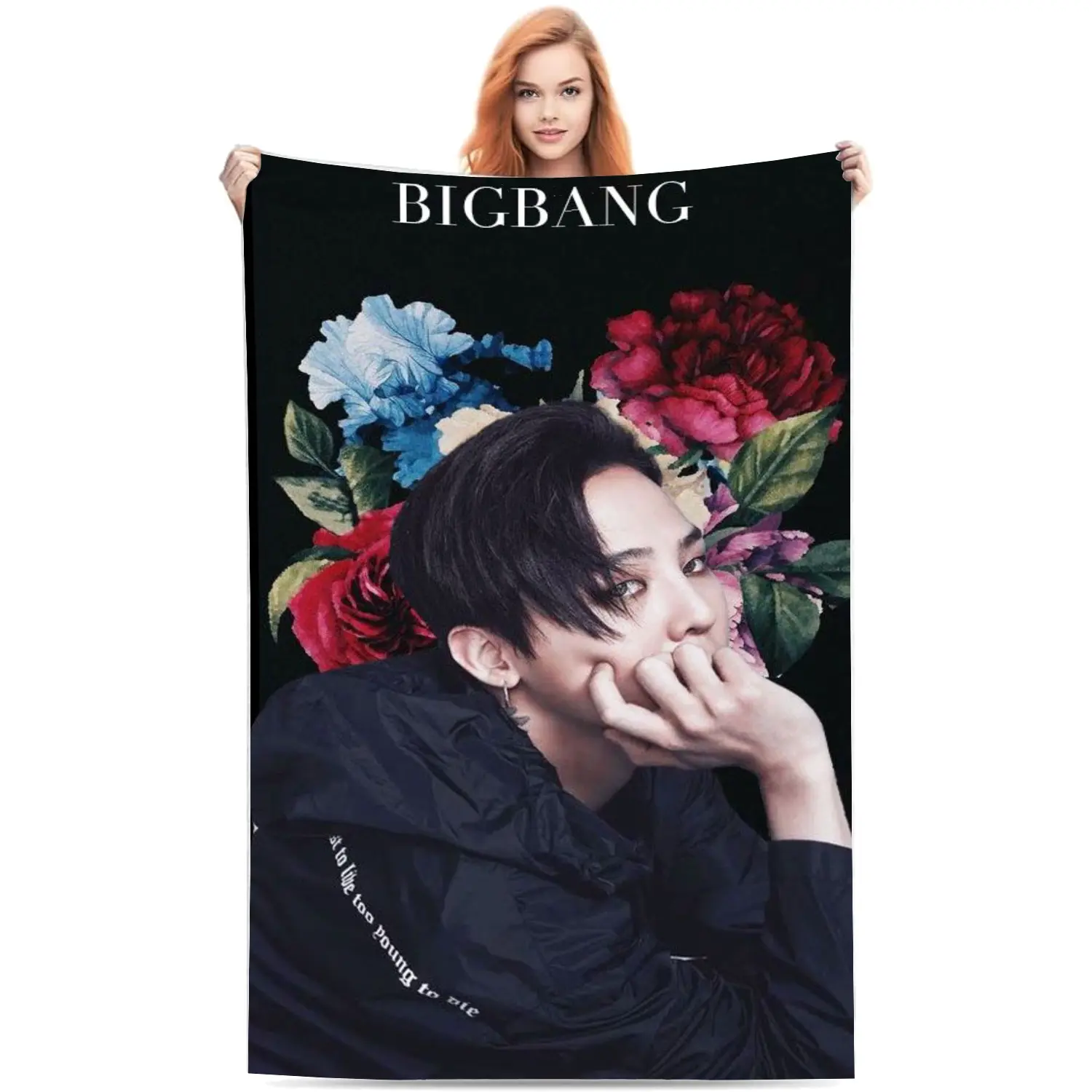 G-Dragon Vintage Watercolor Portrait flannel Fleece Throw Blanket, Kwon Ji-yong Pink Cap Old Script Background Ultra Soft Fluffy Blanket, Perfect Gift for BIGBANG VIP Fans,warm