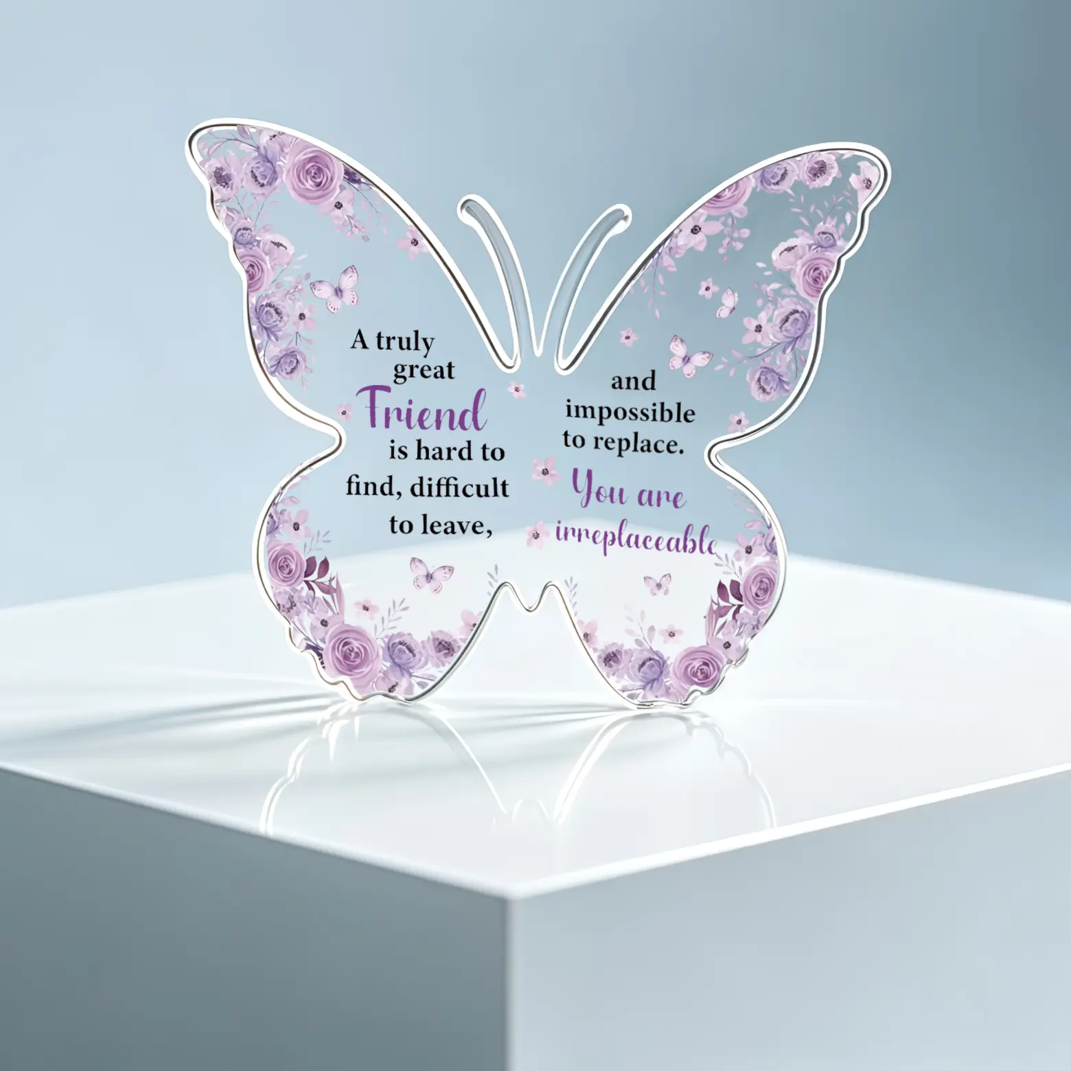 Purple Floral Butterfly Shaped Acrylic Plaque Gifts for Best Friend, Inspirational Friendship Quote Tabletop Decor, Meaningful Keepsake Present for Birthday Christmas Graduation Back to School, Signs