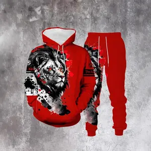 2pcs Set Lion Ink Print Men's Casual Hoodie And Jogger Pants, Spring/Autumn Fashion Outfit Clothes Fabric Menswear Suits Gamis Long Sleeve