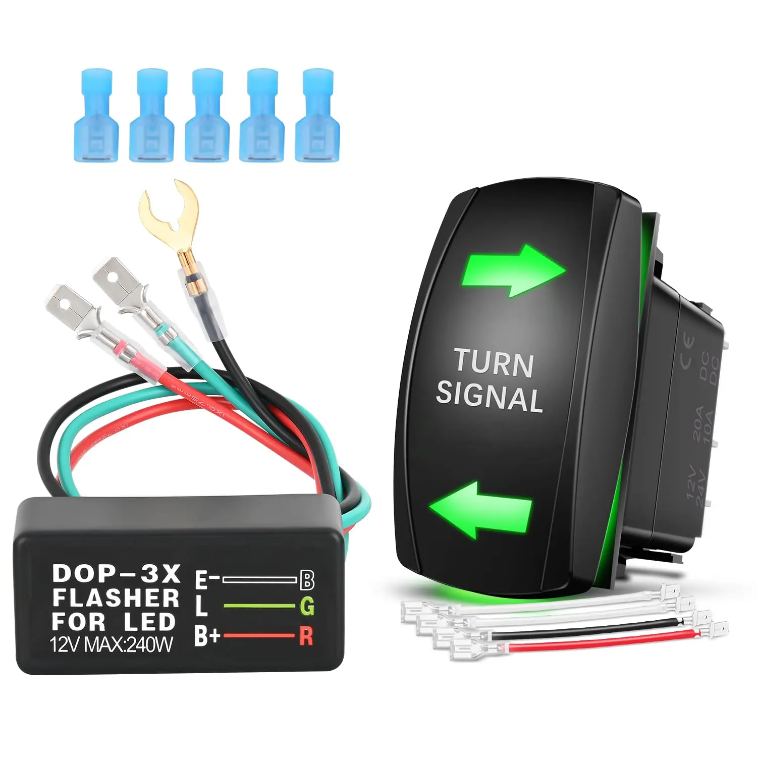 Nilight 4PIN ON-Off-ON Rocker Turn Signal Switch with Flasher Relay Kit, Green LED Laser Etched SPDT, 12V 20A/24V 10A Jumper Wires, 3 Wire Electronic LED, 5x Blue Connectors for Trucks, Tractor, 12V/24V DC Cars