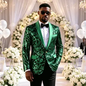 Men's Emerald Green Sequin Tuxedo Jacket, Slim Fit Floral Pattern Blazer with Green Satin Lapel for Wedding, Prom & Stage