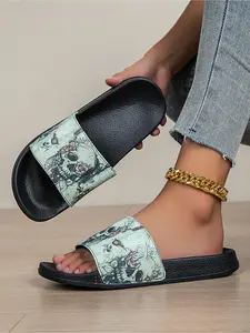 Women's Fashion Slide Sandals | Skull Print Comfort Slippers, Non-Slip & Lightweight, Quick-Dry Material, Suitable for Indoor & Outdoor Use, Casual Outdoor Slides, Floral Slippers