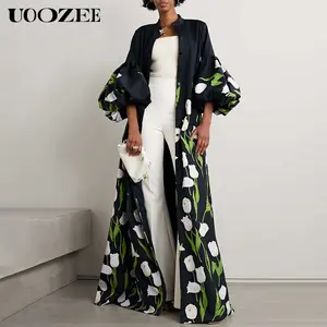 Split-Joint Pleated Floral Printed Floral Loose Long Sleeves Stand Collar Trench Coats Tops Elegant