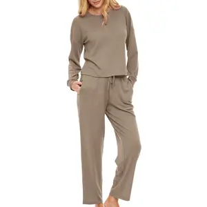 ADR Women's Ribbed Knit Pajamas Set Set with Pockets, Drop Shoulder Sleepshirt and Pajama Thermal Underwear Pants Beige 2X