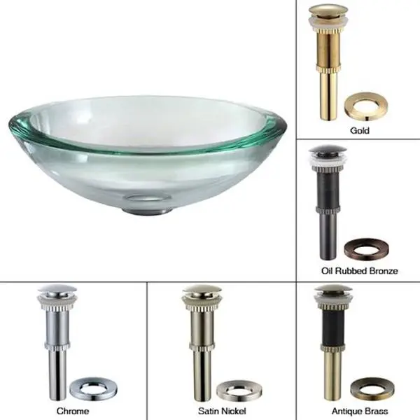 Kraus GV-150-19mm-SN 34 mm Thick Glass Vessel Sink with Pop-Up Drain & Mounting Ring, Clear - Satin Nickel