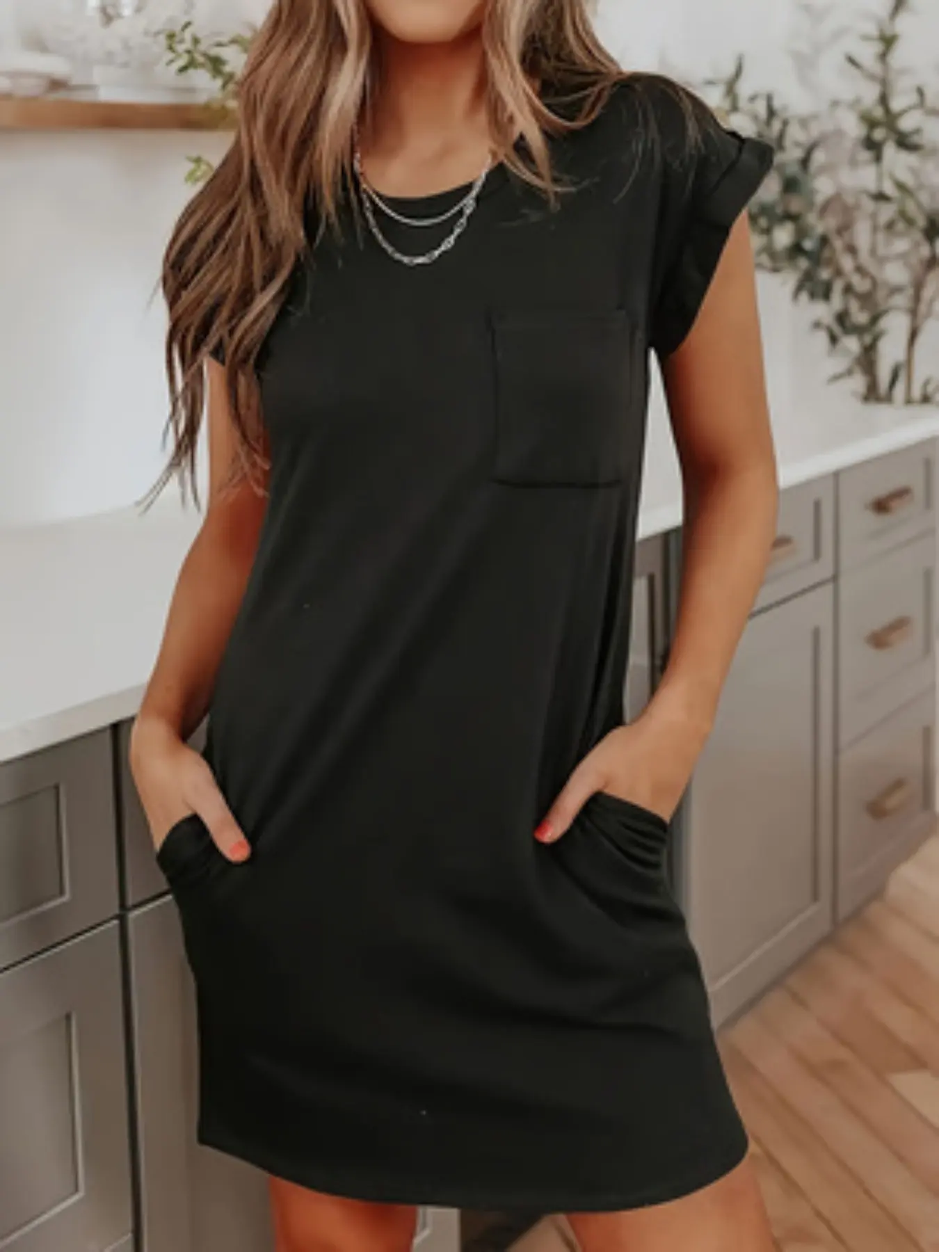 Simple Basic Round Neck Pocket T-Shirt Dress, Women Plus Size Conceal Fat Slimming Fit Commuter Short Dress, Summer Home Choice, Everyday Casual Wear, Womenswear