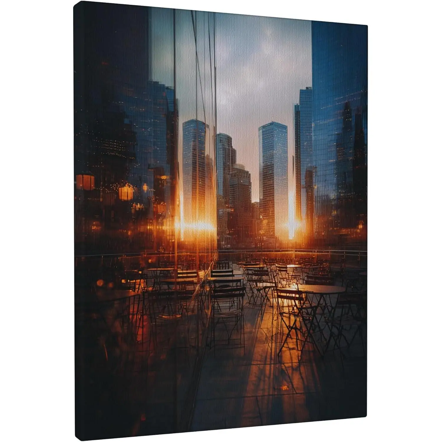 16x20 in Framed City Sunset Wrapped Canvas Wall Art - High-Res Print, Contemporary Orange Cityscape Poster, Home Decor for Living Room, Bedroom with Real Inspection