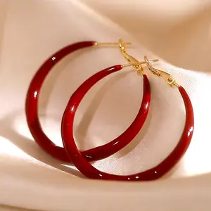 High-end women's burgundy drip glaze large earrings Hong Kong style design personality square face thin large circle earrings tide