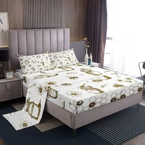 Feelyou Honeycomb Pattern Bed Set - Bee Print Geometrical Design, Deep Pocket Fitted Sheet, Hexagonal Floral Bedding, Bed Sheet Set