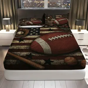 3Pcs American Football Baseball Flag Fitted Sheet Three Piece Set (1*Fitted Sheet+2*Pillowcases, Coreless), Sports Theme, American Flag Bedding Set, Mattress Protector Soft, Breathable