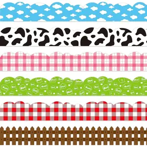 84Pcs Farm Bulletin Board Border Colorful Farm Animals Cow Print Plaid Scalloped Borders Trim Back to School Classroom Chalkboard Decor for Elementary Kindergarten Preschool Farm Party Supplies