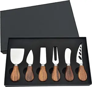 6-Piece Stainless Steel Cheese Knife Set with Bamboo Wood Handles – Includes Cheese Slicer, Cutter, Fork & Spreader for Charcuterie Boards & Cutlery Gift Sets​