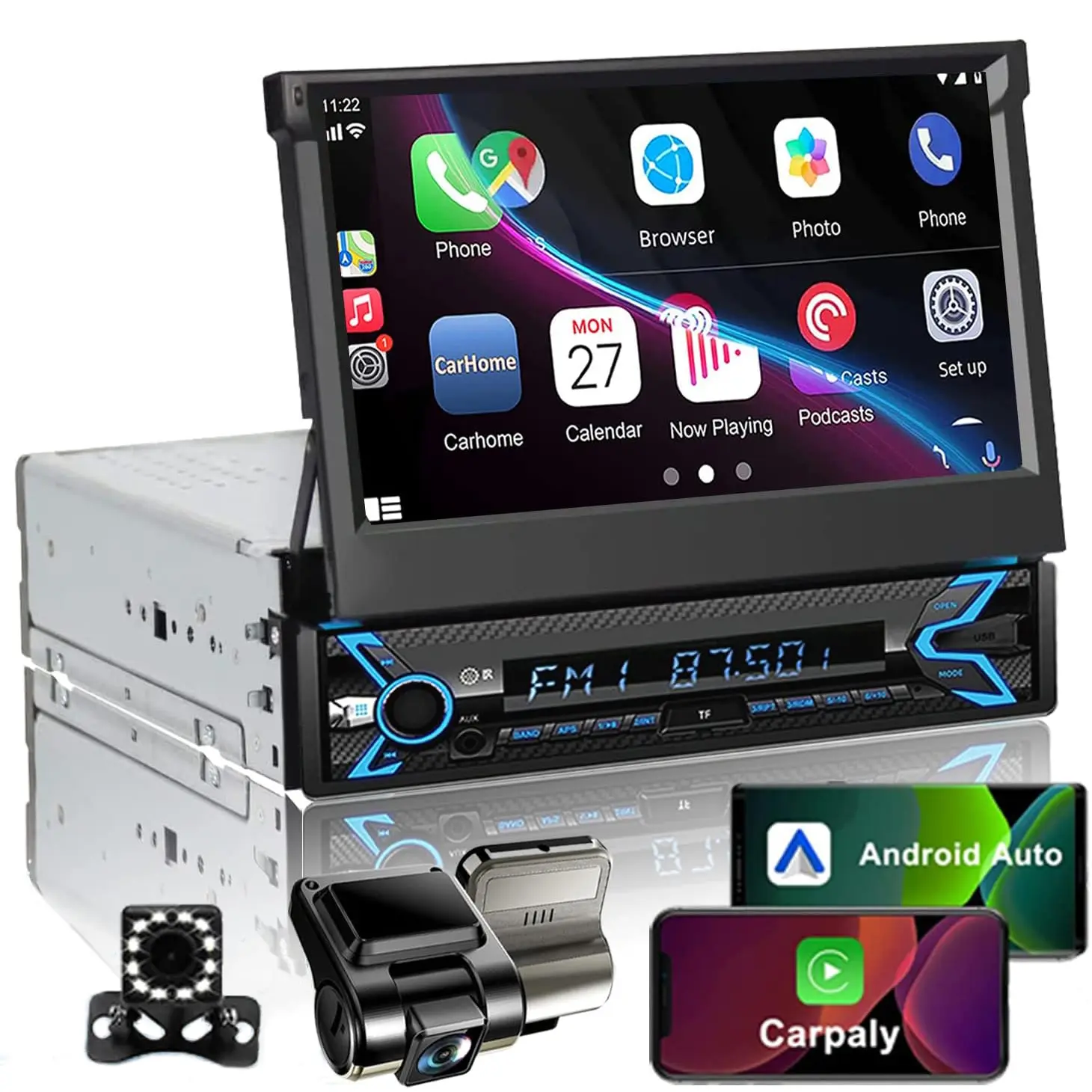 7inch Flip Up Screen Car Stereo Single Din with Apple Carplay & Android Auto, Bluetooth, FM/EQ, Mirrorlink, SWC, Subwoofer
