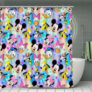 DISNEY CLASSIC Mickey Mouse & Friends Fabric Shower Curtain, Waterproof Multi-Size Cartoon Art Design with Rainbow Star Background, Includes C-Hooks