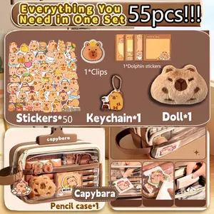 55-Piece Cute Water Buffalo Canvas Pencil Box Set, Includes Dolls, Stickers, Accessories, Spacious Layered Compartments, Zipper Closure