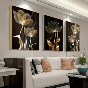 3PCS Elegant Black Abstract Flower Oil Painting Living Room Frameless Modern Wall Decoration, Luxury Home Art Posters, Unframed Art Print, Indoor Use, Home Decoration