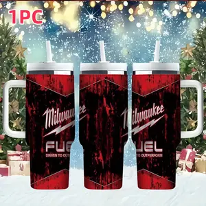 1pc 40oz Milwaukee Fuel Insulated Cup, Industrial Style, Vintage Car, Handle Straw Cup, Ideal for Garage, Office, Camping