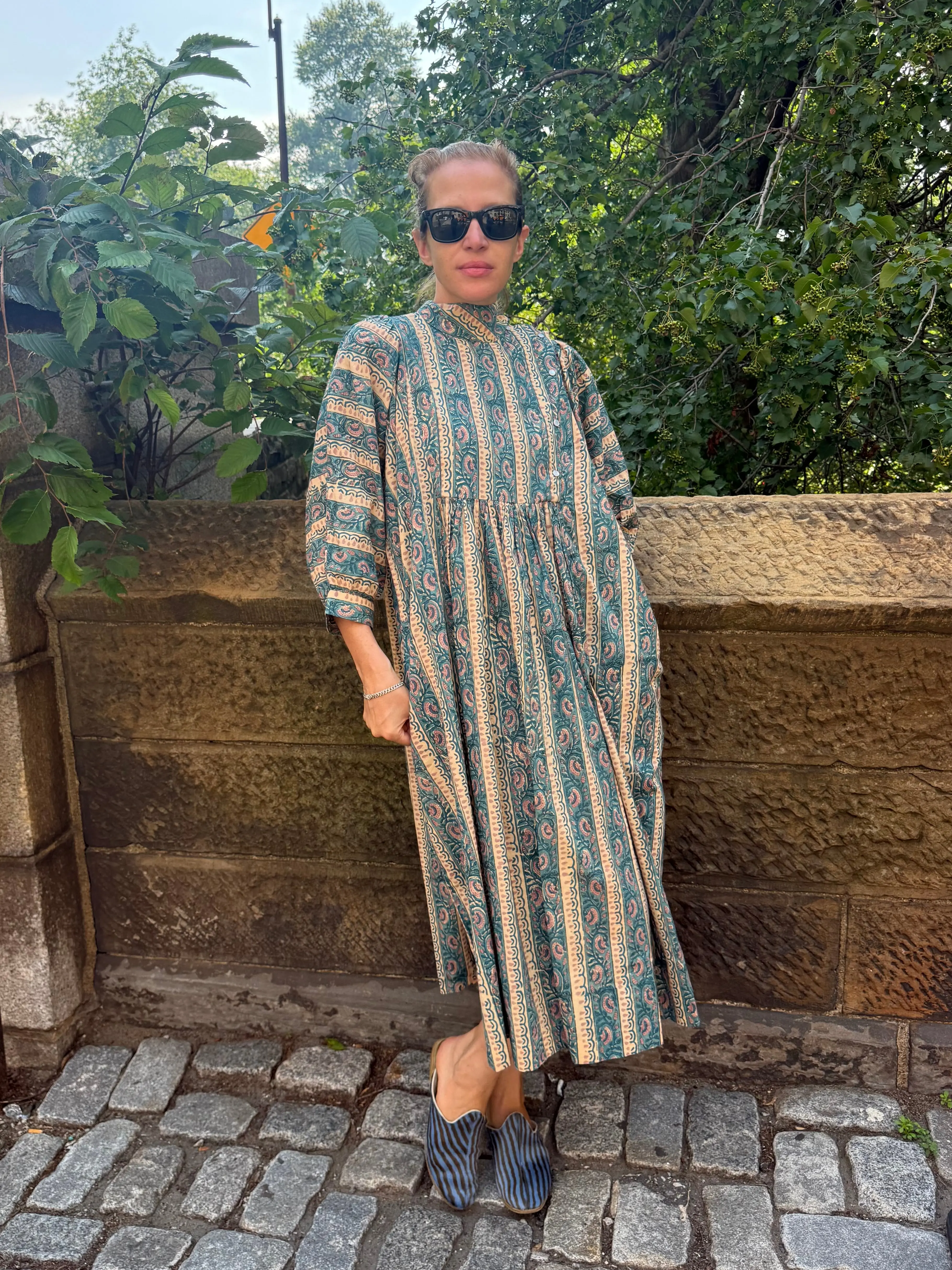 Snap Smock Dress in Teal and Beige Floral