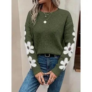 Women’s floral round-neck sweater, autumn and winter casual long-sleeve pullover, fashionable women’s knit sweater, suitable for everyday wear GARMENTARY