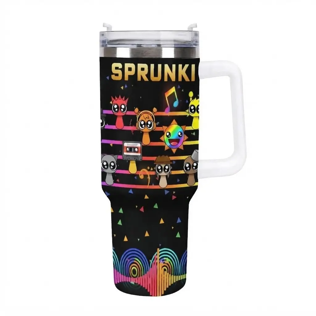 20oz & 40oz Sprunki Music Themed Insulated Stainless Steel Tumbler with Handle, Leak Proof Travel Cup with Secure Lid, Featuring Vibrant Sprunki Cartoon Characters, Musical Note Graphics & Retro Rainbow Audio Wave Patterns, Ideal for Kids, Adults & S
