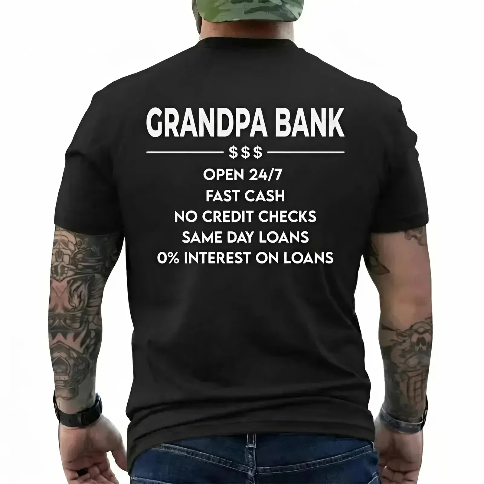 Funny Grandpa/Papa/Pawpaw/Pop/Pappy/Dad Bank T-Shirt, "Open 247, No Credit Checks” Tee, Perfect Father’s Day Gift for Dad, Husband, Funny Family Humor Shirt, Street Style Outfit, Menswear Clothing, Gift for Boyfriend, Best Gift for Father day Shirt