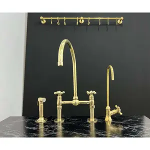Handmade Unlacquered Brass Ball Center Bridge Faucet with Sprayer and Cold Water Faucet