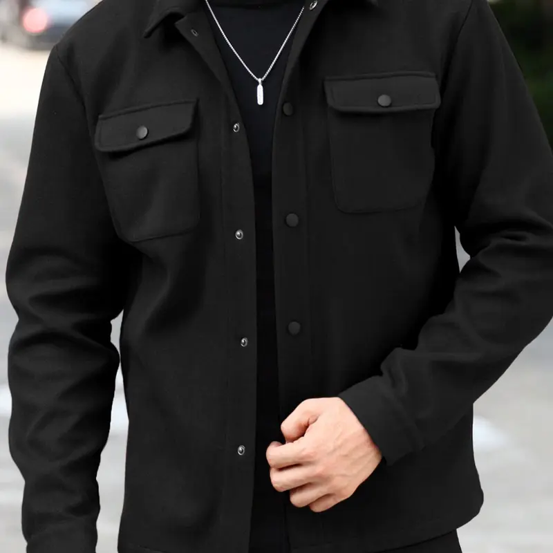 Men's Simple Woolen Fabric Long Sleeve Collared Jacket Coat, Lapel Neck Coat, Solid Color Coat, Menswear, Fashion Casual Stylish Design, Suitable for Work or Outing, Lightweight Fitted Outerwear to Elevate Your Wardrobe Style