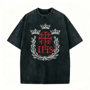 Bold IHS Crowned Cross vintage tee. Red IHS monogram with crowns & laurel wreath on dark wash. Perfect for Christian & heraldic style lovers. Soft oversized fit—grab this regal faith look now!