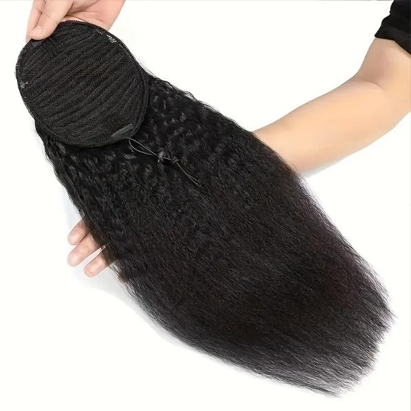 "Chic Yaki Straight 100% Human Hair Ponytail Extension, Clip & Drawstring Secure Fit, 1B Natural Color, 10-20 Inch 100g, Versatile Style for All Women "	