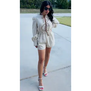 HEATHER LONG SLEEVE LINEN BOW ROMPER - CREAM