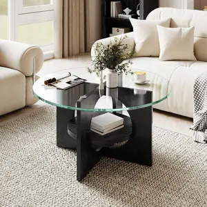 Modern Glass Coffee Table,31.5" Round Coffee Table, 2-Tier Glass Coffee Tables With Storage, Multi-Purpose Cocktail Table For Living Room Home Office