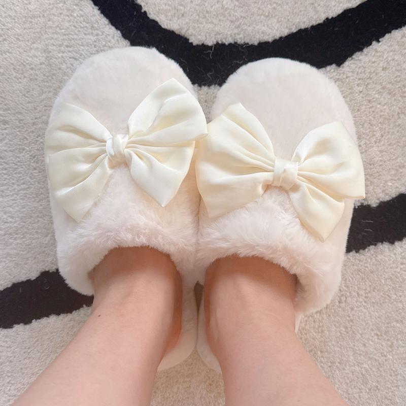 Cute Fluffy Soft Bow Slippers - Fur Cozy Lounge Slippersfor Women With Satin Bow Design Comfortable Home Wear Flipflop Slide Footwear