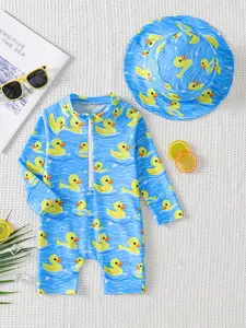 Baby boy clothes, Swim kit, yellow duck style, baby boy blue bottom yellow duck one-piece swimsuit, with the same pattern sun shading fisherman hat and convenient zipper on/off design, baby boy birthday gift, Valentine's Day gift