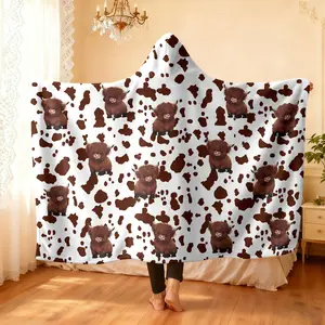 1 piece of cute highland cow, brown and white cow spotted element print hooded blanket Soft and comfortable boys and girls bedroom living room sofa cover blanket camping blanket Cow Pattern Blanket Winter Blanket