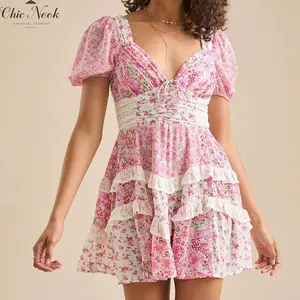 Women's Floral Mini Dress Stylish Tie Bow Lace Trim V Neck Short Sleeve A Line Dress shein  dress flower  dress