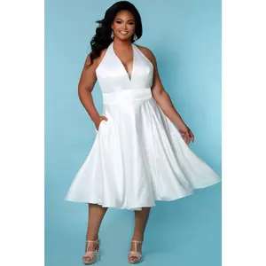 Halter Satin Plus Size Tea-Length White Dress
