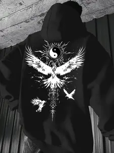 Men's Trendy Dark Style Yin Yang Crow Hoodie, Loose Fit for Various, Casual Commute Wear, Unique Style for Daily Use