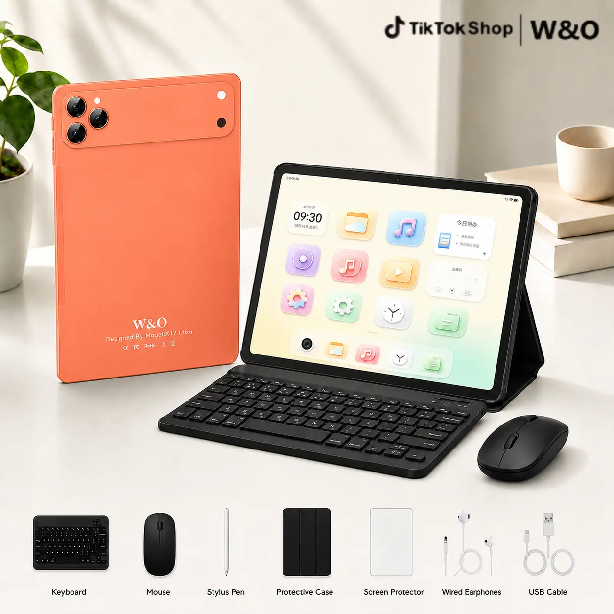 W&O 2026 Android 15, 11-inch Tablet, 12GB RAM + 256GB Expandable Storage, Long Lasting Battery, Large HD Screen, 10000mAh Battery, 5G WiFi, Portable Device with Keyboard, Mouse, Case, Stylus, Dual Camera, Work, smart