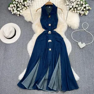 Hollow waist slim fit sleeveless single breasted line splicing elderly skirt casual long skirt pregnant women's clothing summer basic blue fashion elegant simple elegance