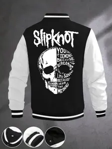 Men's Dark Style Cool Baseball Jacket, Halloween Skull Print Design, Perfect Halloween Gift for Boyfriend, Casual Fitted Fall & Winter