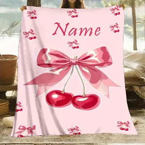Custom Name Cherry Bow Blanket Coquette Room Decor Personalized Soft Flannel Throw Modern Aesthetic Bedding For Girls