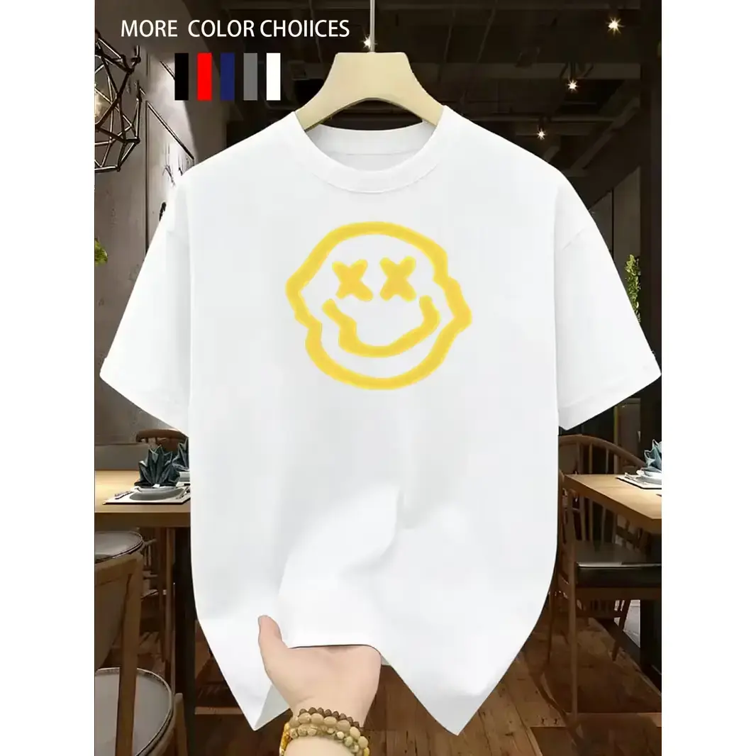 Classic Hand-Drawn Doodle T-Shirt with X-Eye Face Graphic, Unisex 100% Cotton Loose Fit Short Sleeve Round Neck, Day, Shortsleeve, Layer, Simple, Soft, Tee