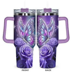 Butterfly & Rose Pattern Tumbler, 40oz Stainless Steel Insulated Tumbler with Lid, Gift for Birthdays, Holidays, or Special Moments for Family, Friends, Coworkers, Drinkware, Vacuum Insulated Flask