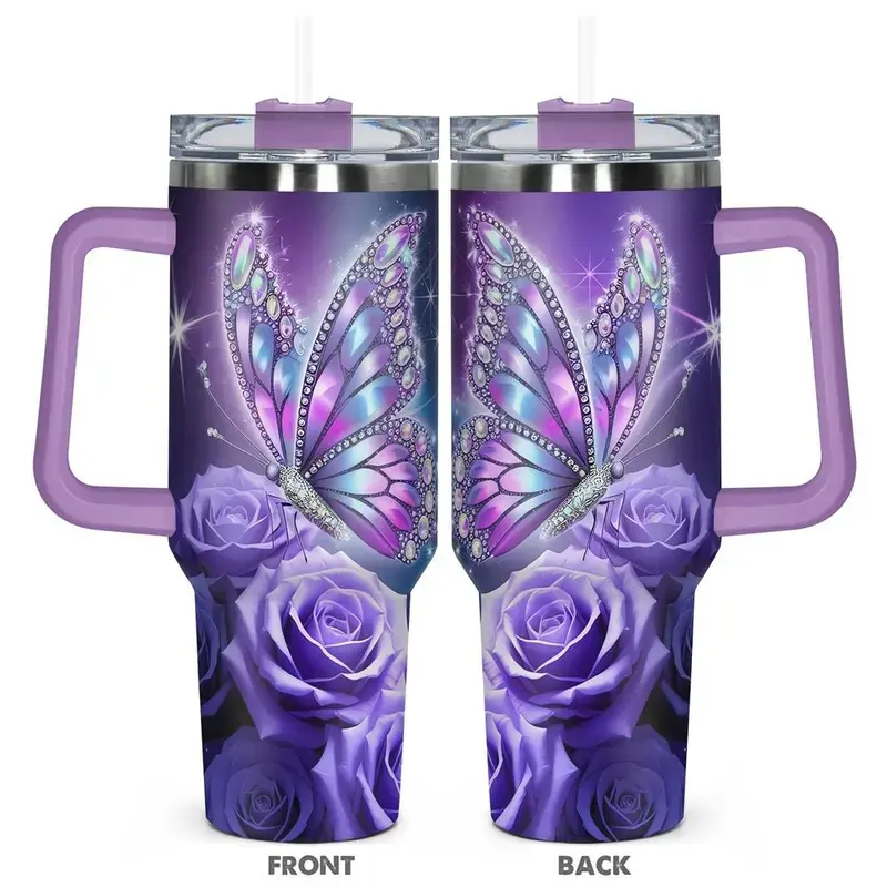 Butterfly & Rose Pattern Tumbler, 40oz Stainless Steel Insulated Tumbler with Lid, Gift for Birthdays, Holidays, or Special Moments for Family, Friends, Coworkers, Drinkware, Vacuum Insulated Flask