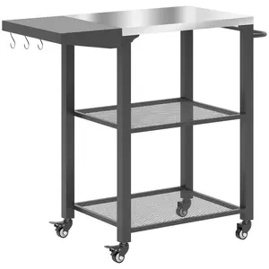 Three-Shelf Outdoor Grill Cart Table with Foldable Side Table Stainless Steel Top Pizza Oven Stand with Hooks Silver 31.5" L x 16.1" W x 31.1" H