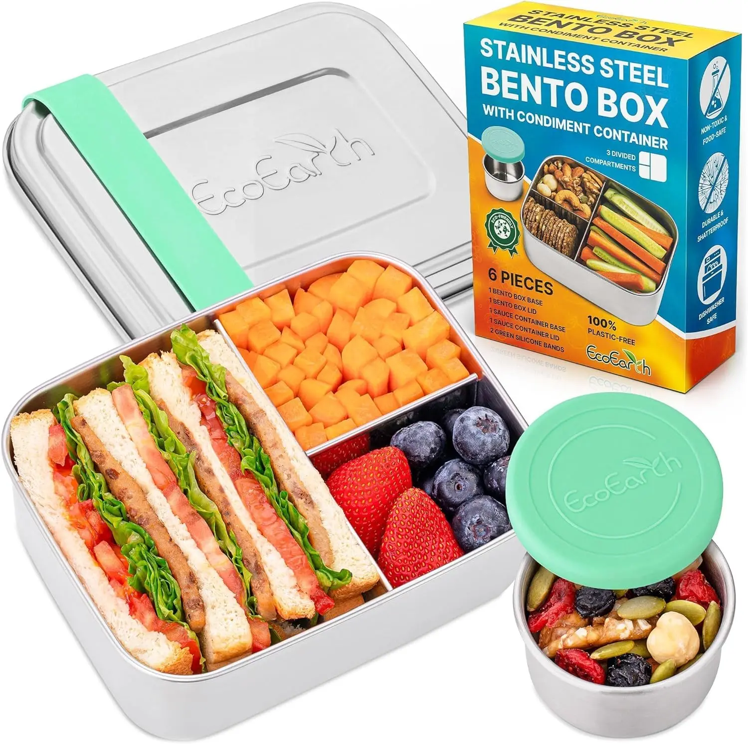 EcoEarth 1-Layer Sustainable Metal Lunch Box - 27 oz Portable Modern Airtight Leakproof Lid Tableware, 3 Compartments, Silicone Condiment Cups, Weld-Free Food-Grade Adult Dishwasher-Safe Work Container